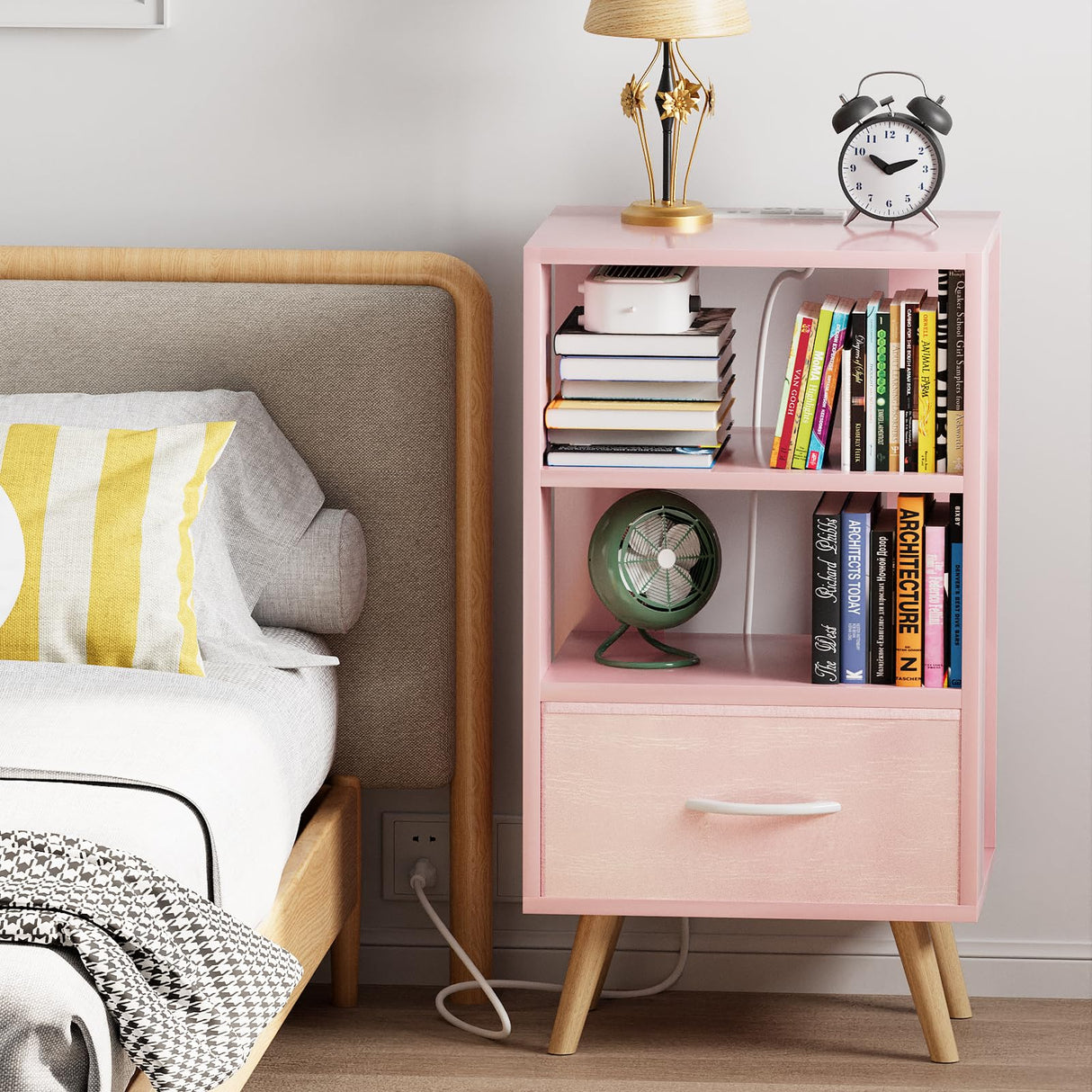 Aenuert Night Stand with Charging Station, Pink Kids Nightstand with Drawer, 3-Tier Nursery Bedside Table with USB Ports and Outlets, End Table for Small Space, Living Room, Bedroom Aenuert