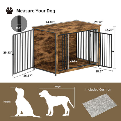 BREEZEHEAT Dog Crate Furniture with Cushion, 44'' Wooden Dog Crate Kennel with Double Doors, Heavy-Duty Dog Cage End Table for Small/Medium/Large Dog, Indoor Dog House, Rustic Brown