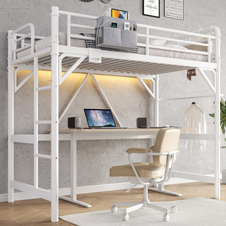 Twin Size Loft Bed with LED Lights and Charging Station, Industrial Heavy Duty Metal Loft Bed Frame with Ladder and Guardrail for Kids Adults, Small Space Saving Design for Bedroom Dorm, White Jocoevol