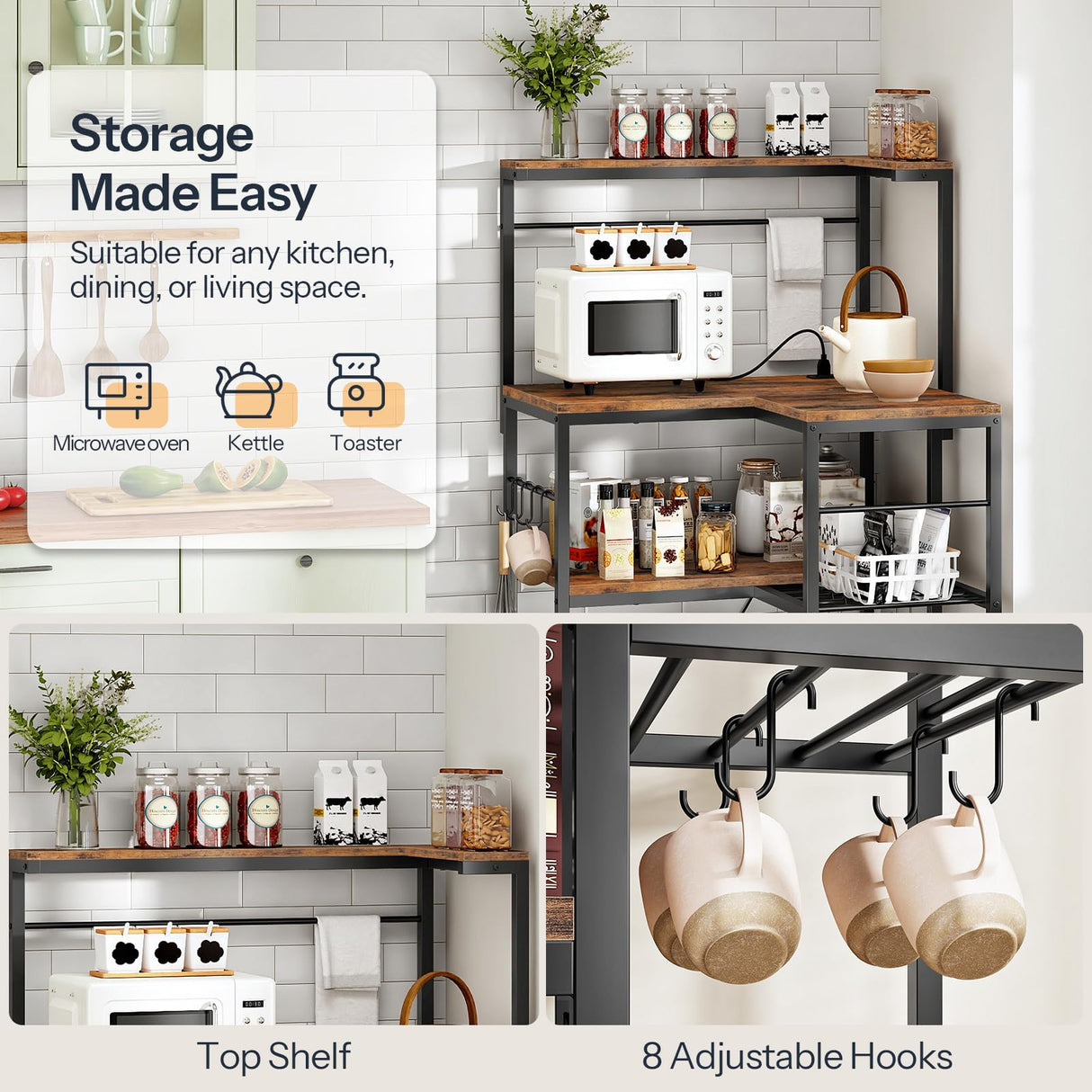 HOOBRO Bakers Rack with Power Outlet, 4-Tier Corner Microwave Stand with Storage, Coffee Bar with 8 S-Shaped Hooks, Kitchen Shelf Rack, 2 Installation Methods, Rustic Brown and Black BF20UHB01 HOOBRO