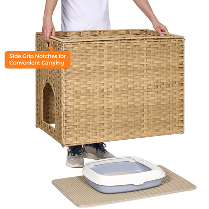 Cat Litter Box Enclosure with Litter Trapping Mat; Handwoven Plastic Rattan Cat House; No Installation Hidden Cat Washroom; Pet Crate for Balcony,Bedroom,Living Room