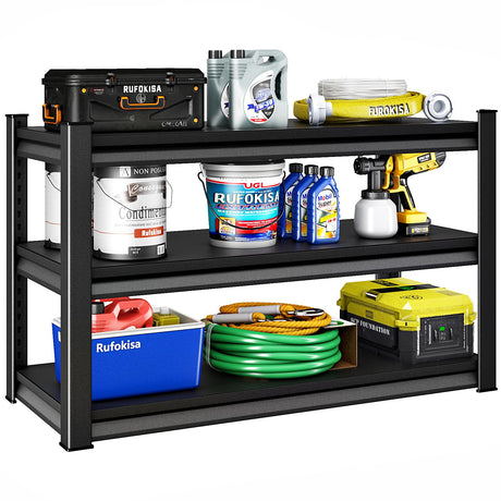 Rufokisa 48" W 3-Tier Garage Shelving Heavy Duty, 1680LBS Loads Garage Storage Shelves, Metal Shelving Units and Storage Racks, Industrial Utility Shelf Heavy Duty,48" Wx16 Dx39 H, Black Rufokisa