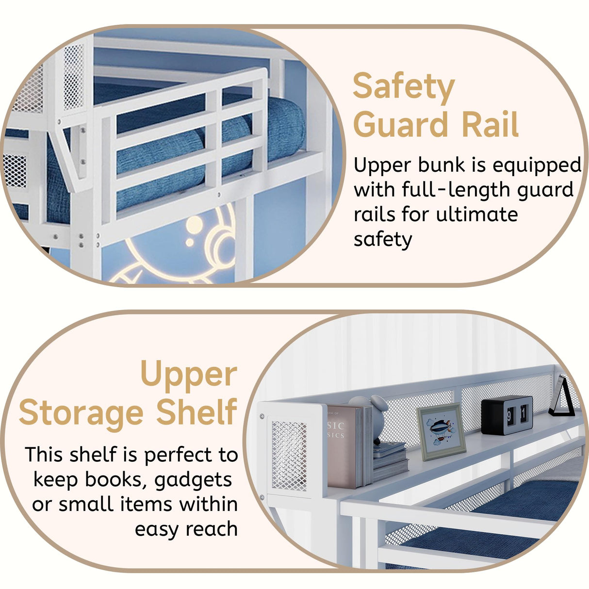 Mirightone Full Size Loft Bed with Stairs, Metal Loft Beds, High Loft Bed Frame with Storage Shelves, Lofted Full Bed with Wardrobe for Kids and Teens, No Box Spring Needed (White) Mirightone