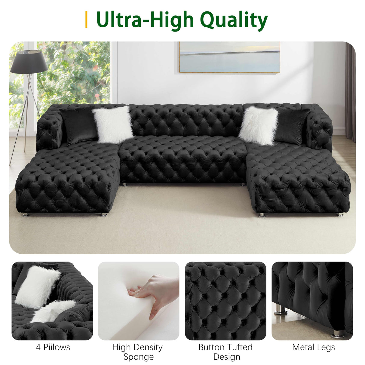 THSUPER 145'' Luxury Velvet Upholstered Chesterfield Oversized U Shaped Sectional Sofa Couch for Living Room, Couches with Button Tufted Design and Comfortable Seating and 4 Pillows. Black THSUPER