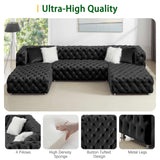 THSUPER 145'' Luxury Velvet Upholstered Chesterfield Oversized U Shaped Sectional Sofa Couch for Living Room, Couches with Button Tufted Design and Comfortable Seating and 4 Pillows. Black THSUPER