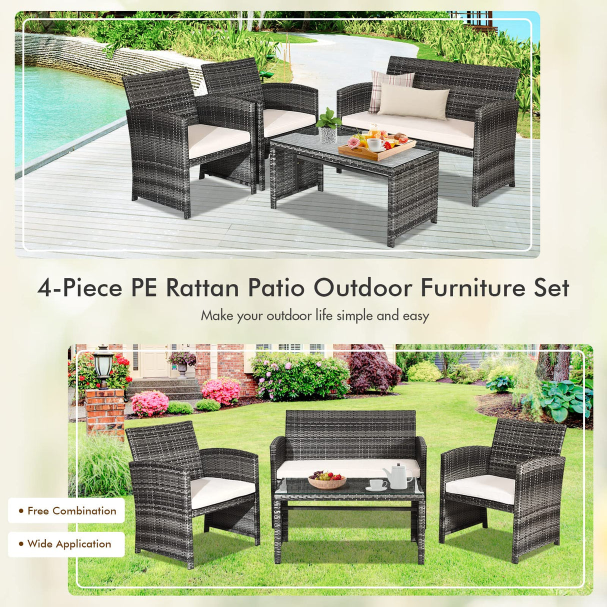 Goplus 4-Piece Rattan Patio Furniture Set, Outdoor Wicker Conversation Sofa with Weather Resistant Cushions and Tempered Glass Tabletop for Lawn Backyard Pool Garden (Beige) Goplus