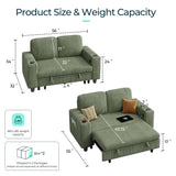 LINSY HOME Loveseat Sofa with Pull Out Couch Chaise: 2-in-1 Convertible 2 Seater Sofa with USB Charging & Cup Holders, Comfy Plush Corduroy Love Seat for Small Spaces Living Room Apartment, Green LINSY HOME