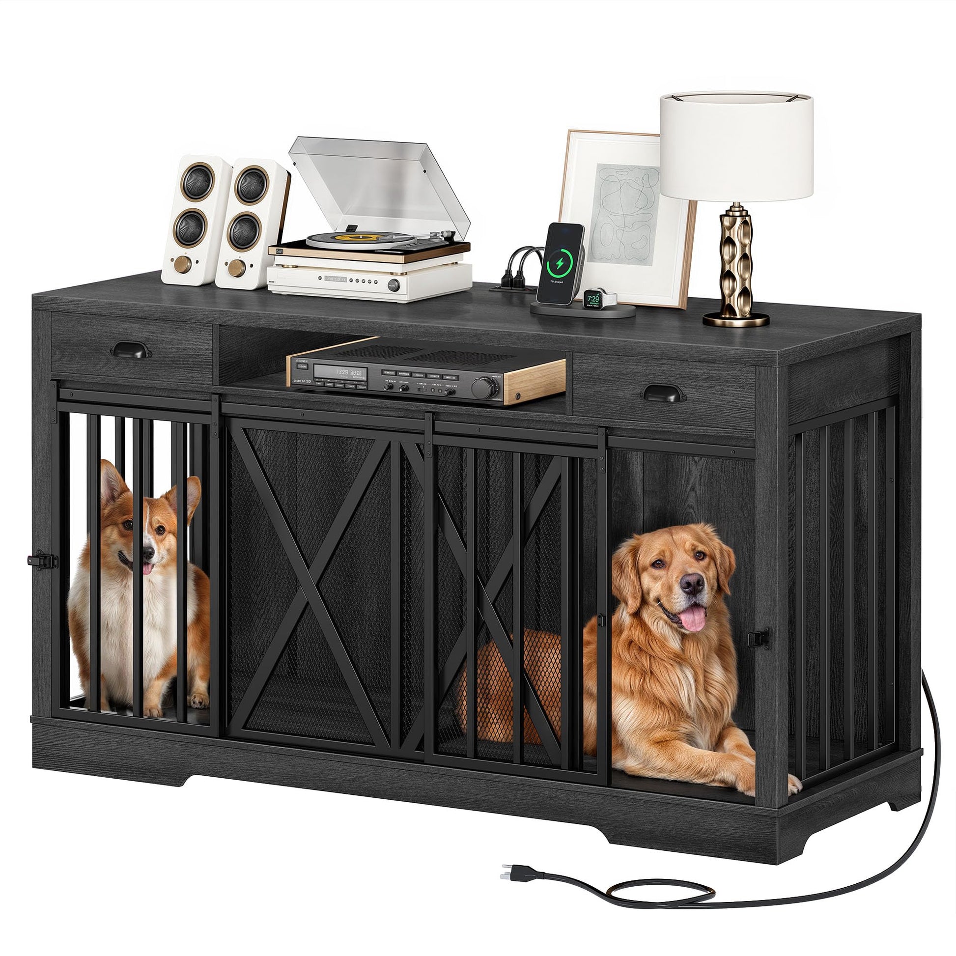 DWVO 63 Inch Double Dog Crate Furniture for 2 Dogs, Heavy Duty Wooden Dog Crate TV Stand with Charging Station, Dog Kennel Indoor Furniture Double Sliding Barn Door Design Ideal for 2 Dogs, G - WoodArtSupply