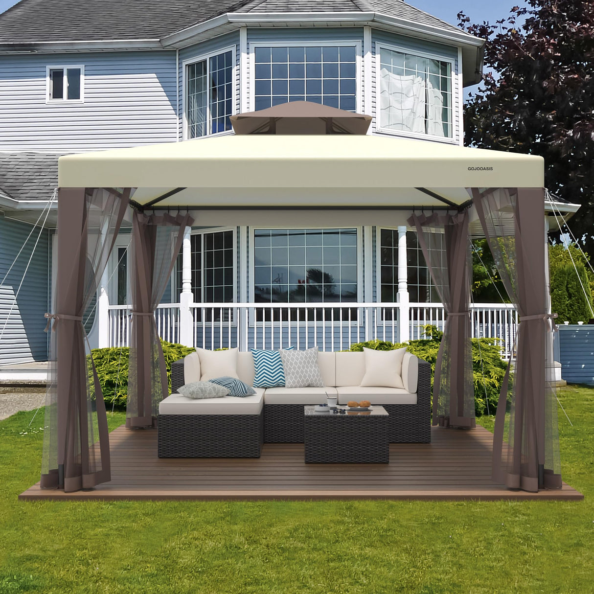 Patio Gazebo Tent Outdoor Canopy Shelter 10'x10' w/Mosquito Netting with 100 Square Feet of Shade for Garden, Backyard Deck and Lawns GOJOOASIS