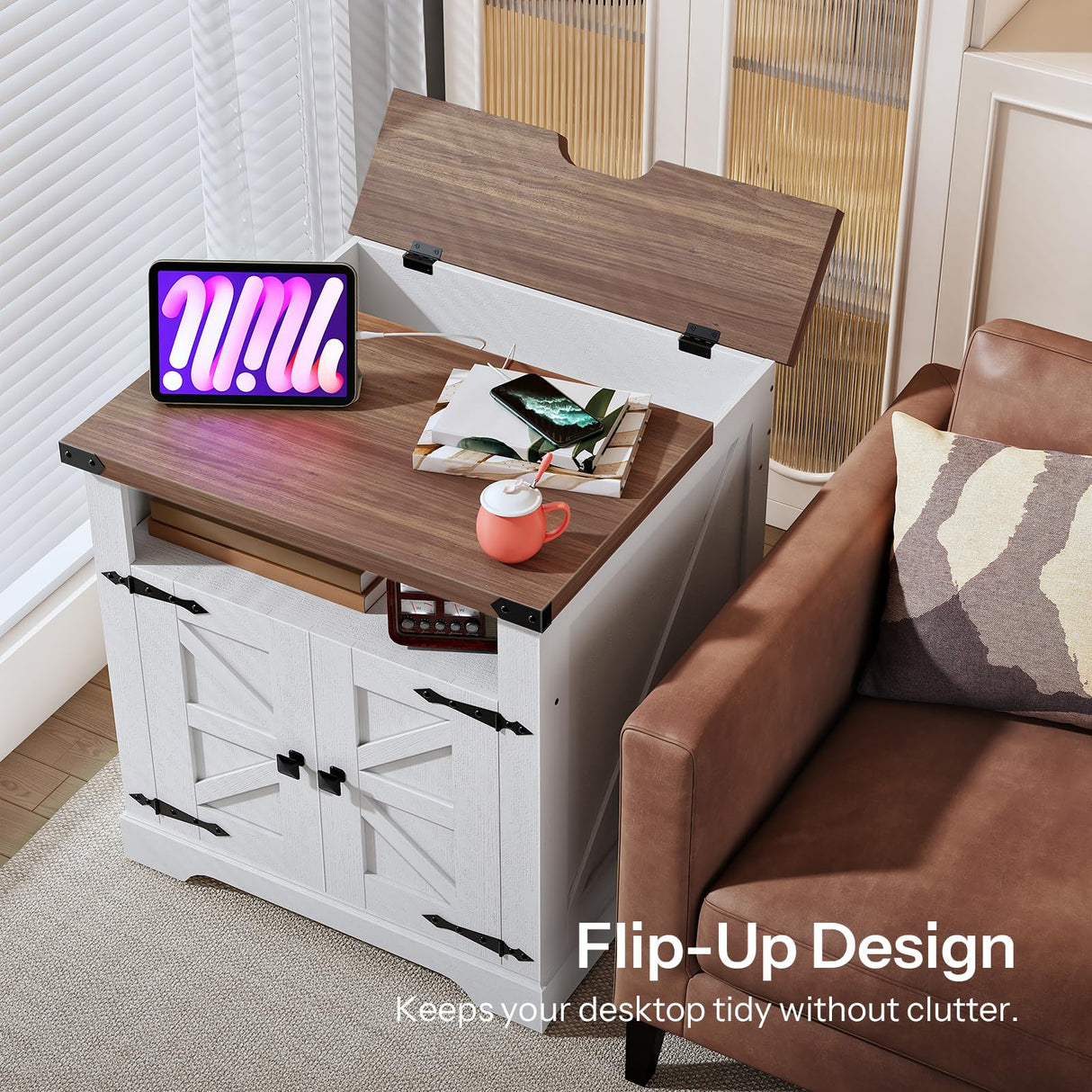 HOOBRO Farmhouse End Table with Charging Station, 23.6" Large End Tables for Living Room, Sofa Side Table with Barn Door, Wooden Square Nightstand Bedside Table, Flip Top, White and Walnut WH601UBZ01 HOOBRO