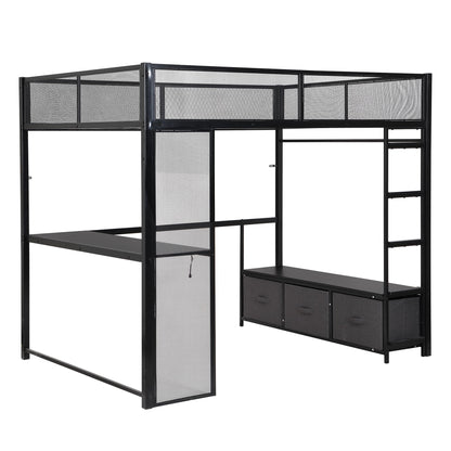 Ziraukon Full Size Loft Bed with Desk and LED, Metal Gaming Bed with Open Wardrobe and Storage Drawers, Mid Loft Bed Frame, No Box Spring Needed, Black