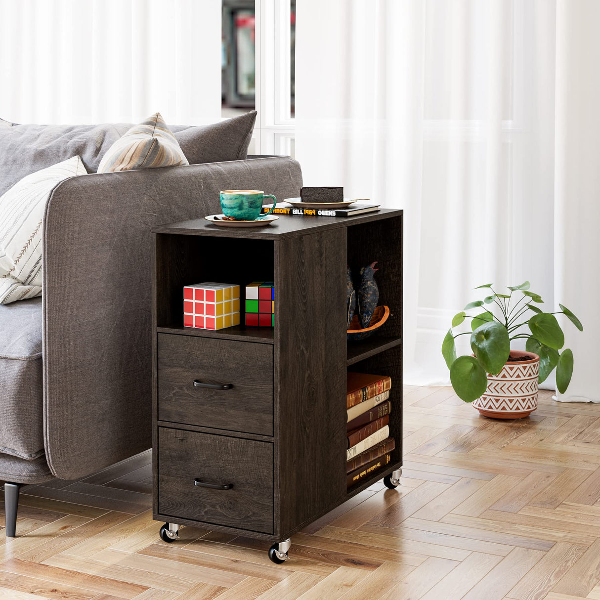 HOSTACK End Side Table, Narrow Nightstand with Storage Drawers and Adjustable Shelf, Rolling Bedside Table for Bedroom, Living Room, Home Office, Dark Brown HOSTACK
