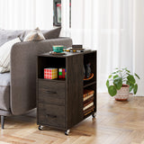 HOSTACK End Side Table, Narrow Nightstand with Storage Drawers and Adjustable Shelf, Rolling Bedside Table for Bedroom, Living Room, Home Office, Dark Brown HOSTACK