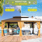 EROMMY 12' x 18' Gazebo, Wooden Finish Coated Aluminum Frame Canopy with Double Galvanized Steel Hardtop Roof, Outdoor Permanent Metal Pavilion with Curtains and Nettings for Patio, Backyard and Deck EROMMY