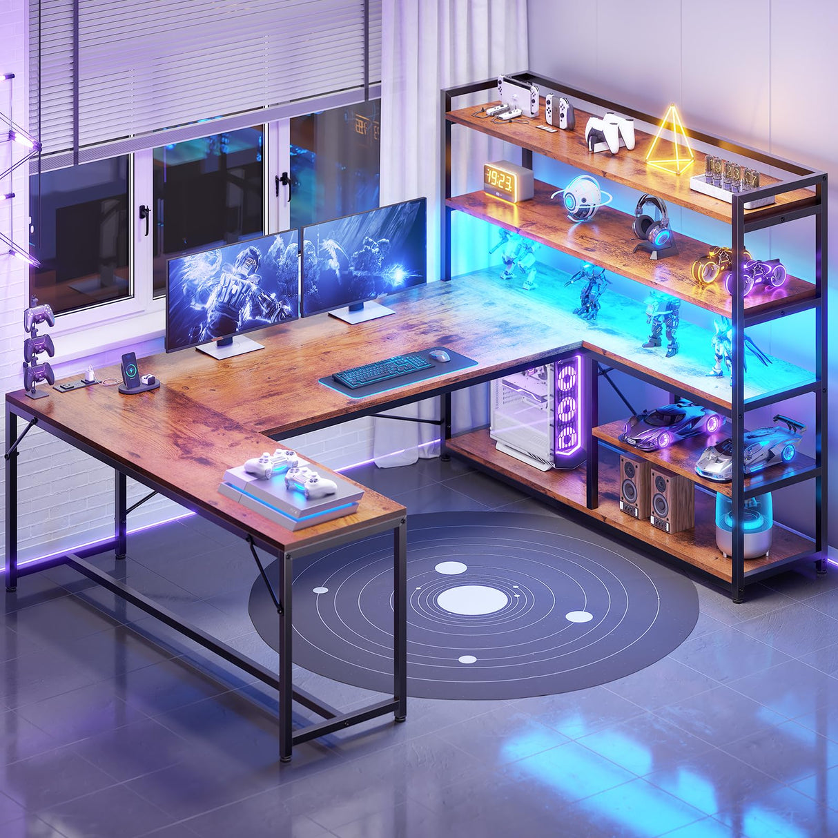 SEDETA L Shaped Desk with Storage Shelves, 63” Reversible U Shaped Office Desk, Gaming Desk with Power Outlet and LED Lights for Home Office, Rustic Brown SEDETA