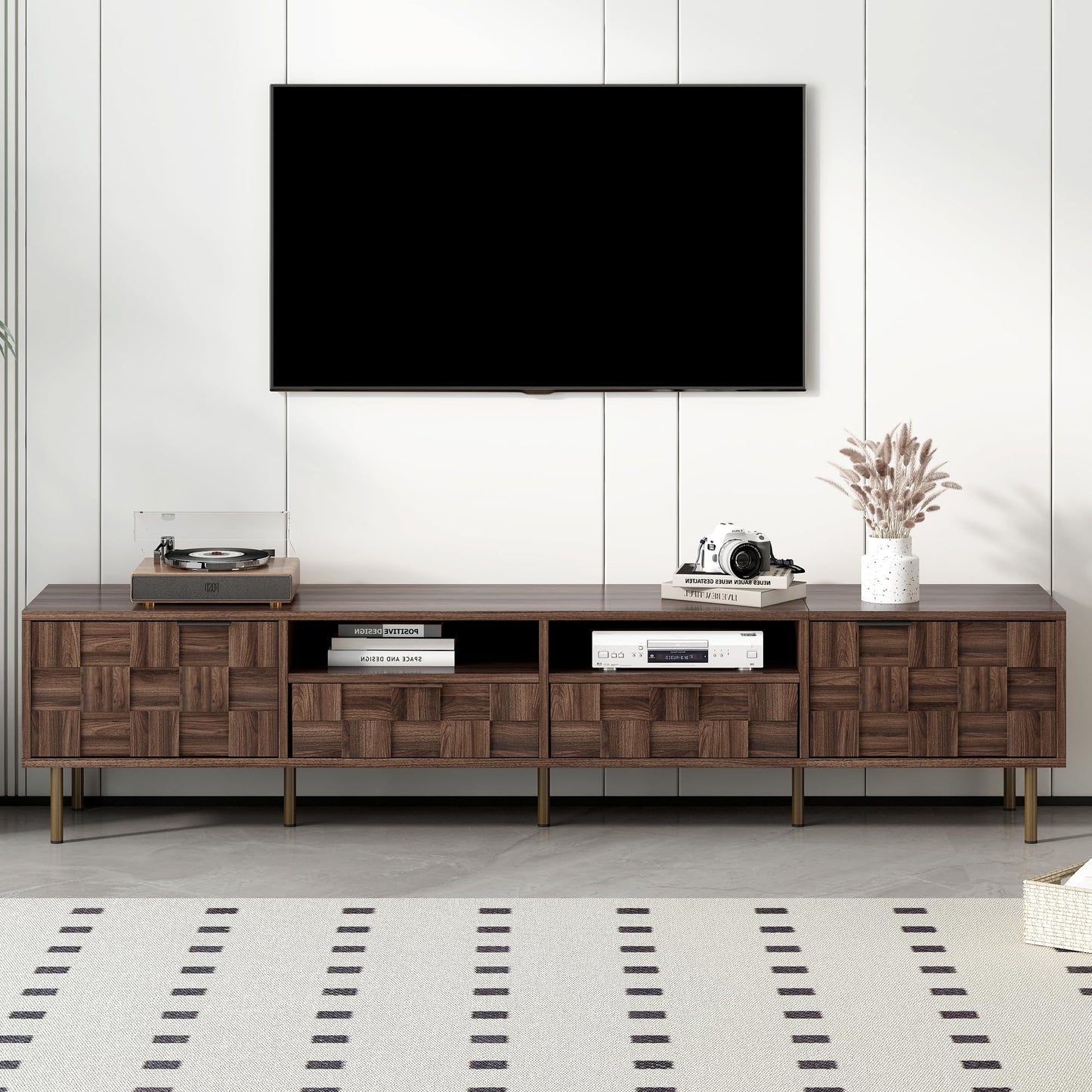 Merax 80" TV Stand for TVs Up to 85", Modern Entertainment Center with 2 Drawers, 2 Doors, and Open Space, Media Console with Unique Mosaic Front Design for Living Room