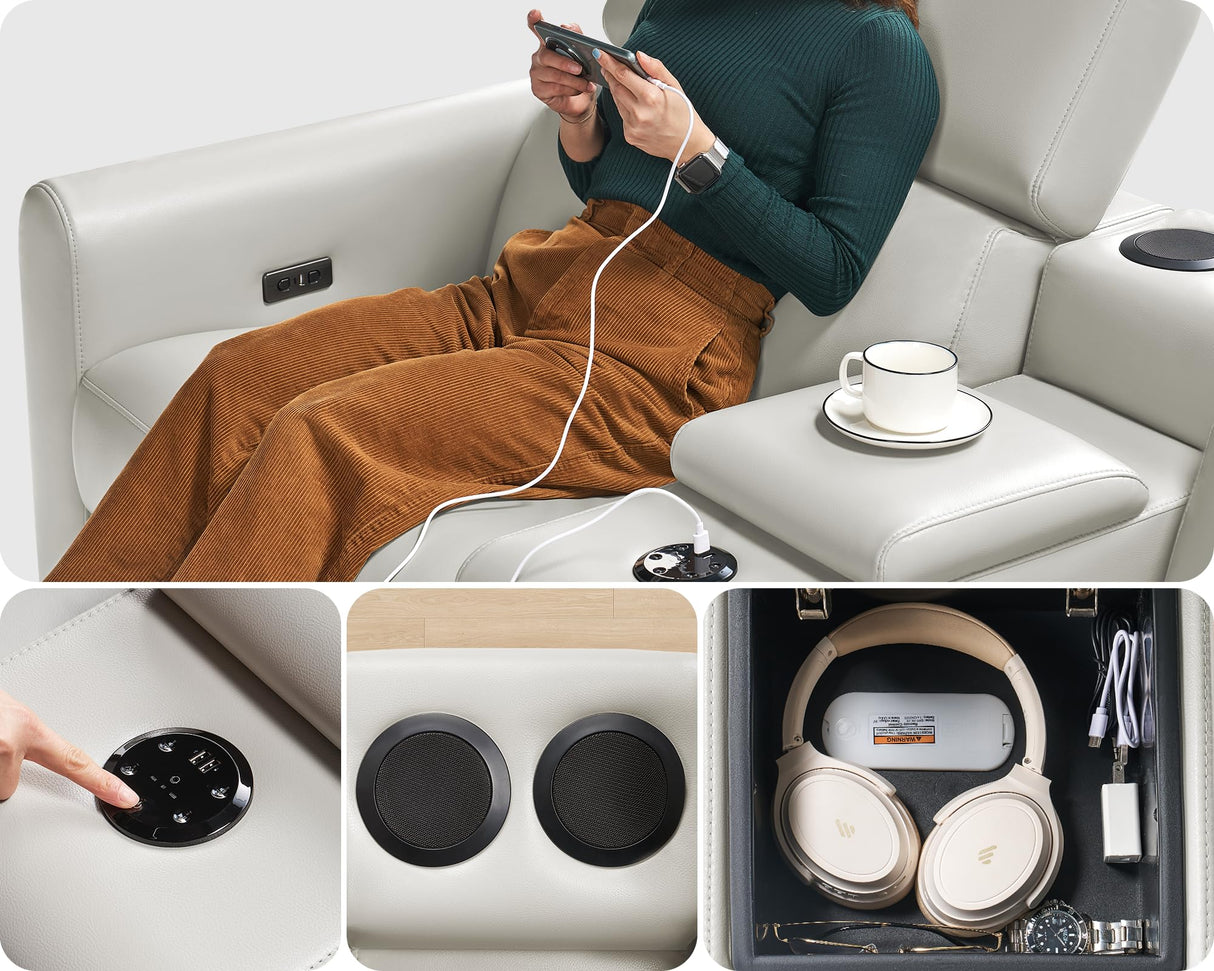 AMERLIFE Power Recliner Sofa, 129 Inch Oversized Reclining Sofa with Console & Speaker, 5 Seats L Shaped Sectional Couch for Living Room, Light Grey Leather AMERLIFE