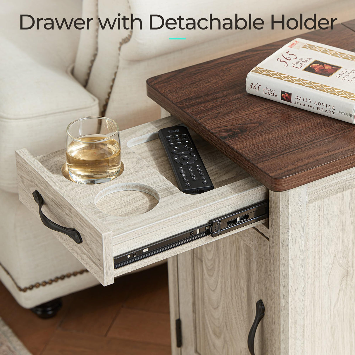 LINSY HOME Farmhouse End Table with Charging Station, Narrow Side Table for Living Room, Sofa Side Table with Drawer and Storage Cabinet, Small Nightstand for Bedroom LINSY HOME