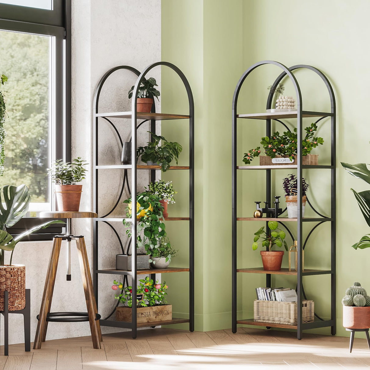 LIKEMET Triple 5 Tier Bookshelf, Bookcase with 18 Open Display Shelves, Wide Tree Bookshelf Metal Frame Tall Book Case for Living Room Home Office Rustic Brown LIKEMET