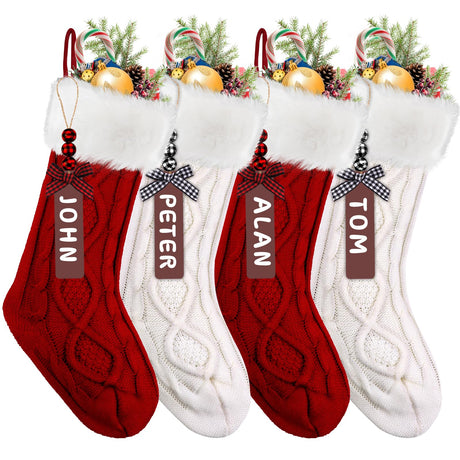 XIMISHOP 4PACK Christmas Stockings,18Inches Large Cable Knitted Stocking Personalized Xmas Hanging Stocking Decorations with Name Tags for Holiday Christmas Party Family Decor(Red White) XIMISHOP