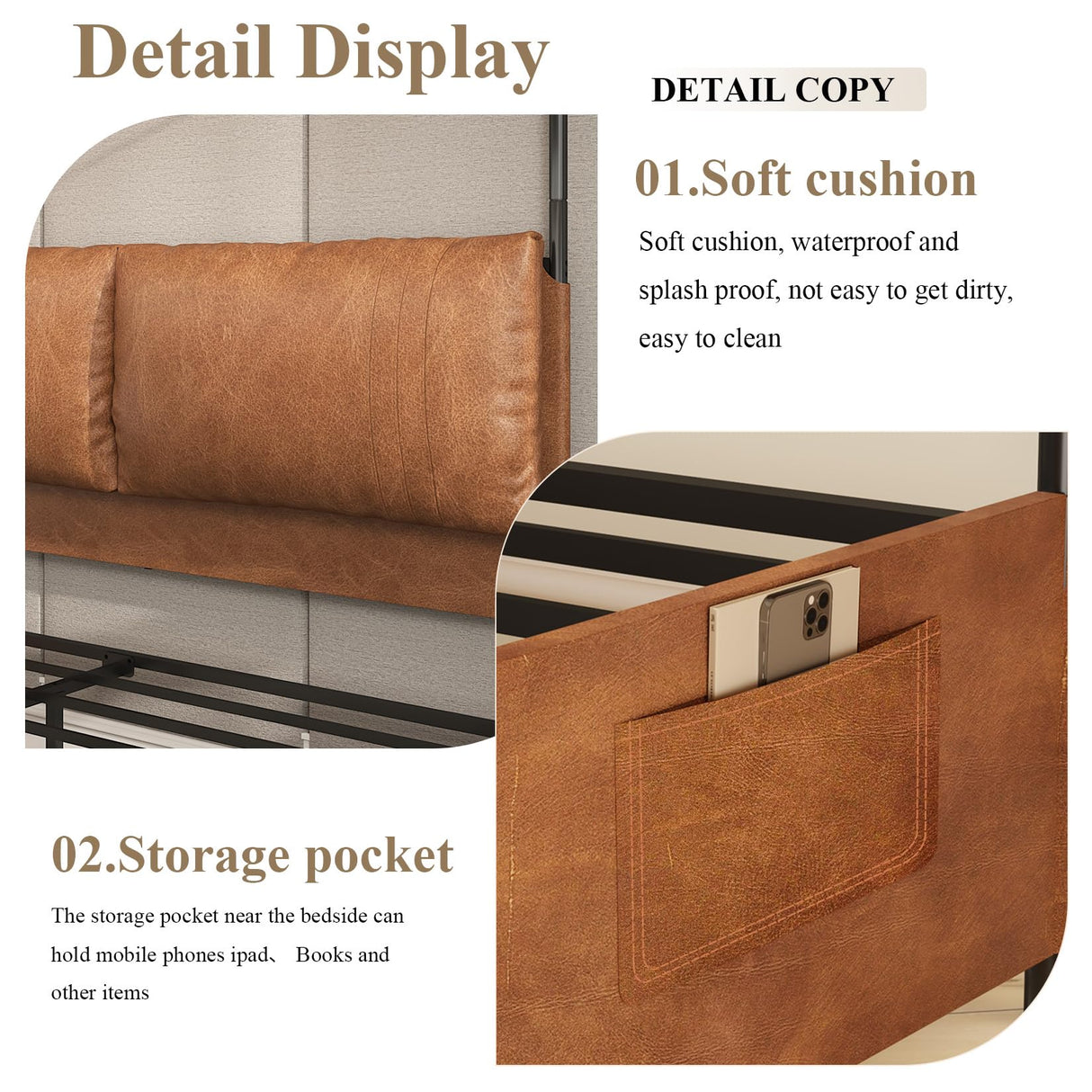 Canopy Bed Frame Queen Size with Upholstered Headboard, Tall Four Poster Metal Platform Bed, Easy to Assemble, No Box Spring Needed, Brown QNICE