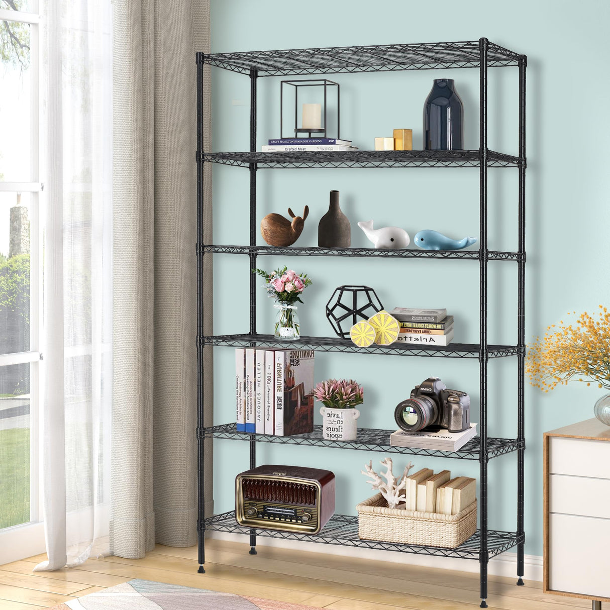 BestOffice | 6-Tier Wire Storage Shelves | 42x16x72 | Black | with Adjustable Racks | Heavy-Duty Metal Shelf, Holds Upto 1500 lbs | No-Tool Assembly | Ideal for Home & Garage Shelving BestOffice