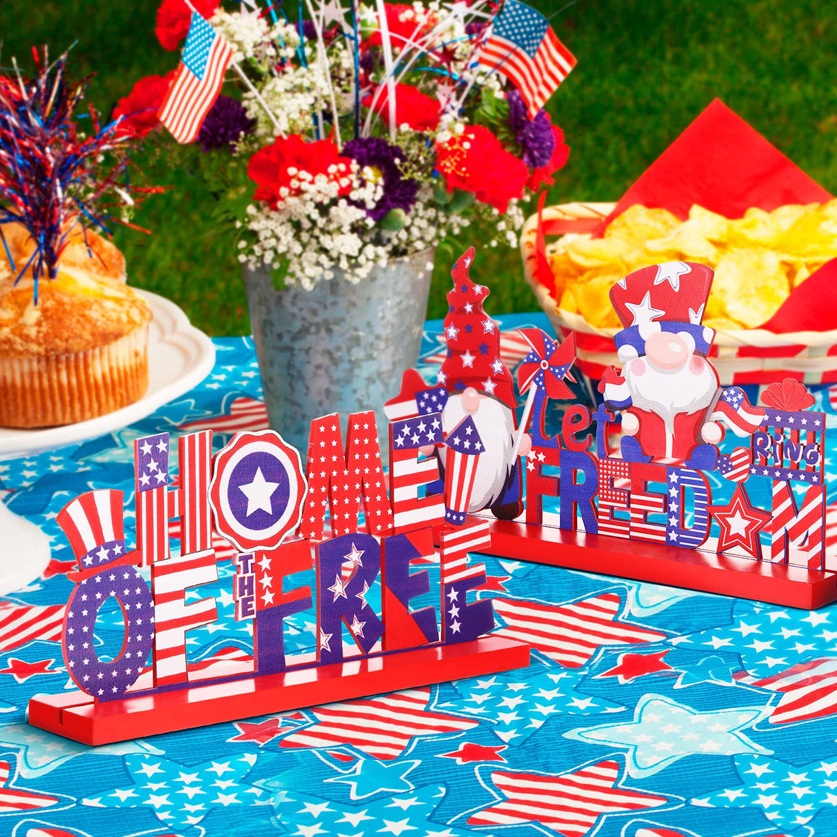 4 Pieces Patriotic Table Decoration 4th of July Wooden Table Centerpiece Independence Day Wood Letter Sign Home of Free God Bless America Table Decoration for Patriotic Party Memorial Day Home Decor Jetec
