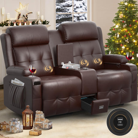 Reclining Loveseat, Massage Loveseat Recliner Sofa Heavy Weight Capacity, RV Love Seat Chair Clearance with Console, USB, Type C Port, Storage, Cup Holders, Wall Hugger Couch for Living Room Aotolo