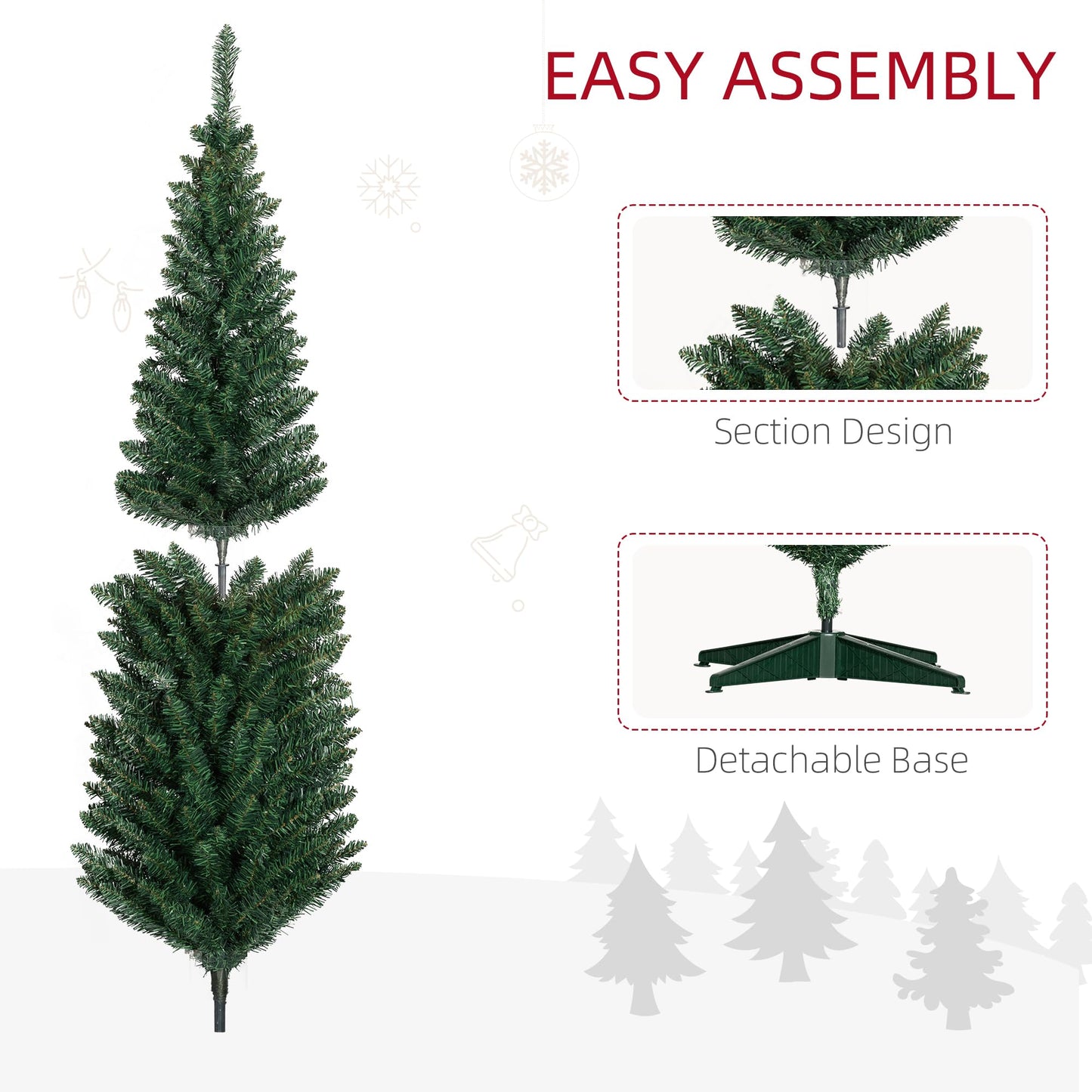 HOMCOM 8' Artificial Pencil Christmas Tree, Slim Xmas Tree with 618 Realistic Branch Tips and Plastic Stand, Green