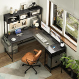 Yoobure L Shaped Desk Gaming Desk with LED Strip & Power Outlet, Reversible L-Shaped Computer Desk with Storage Shelf & Drawer, Corner Desk with Storage Bag, 2 Person Home Office Desk, Gray Yoobure