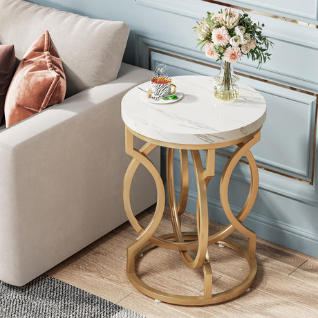 Tribesigns Round End Table, Multifunctional Accent Table Small Side Table for Living Room, Modern White Gold Nightstand with Faux Marble Tabletop, Bedside Table for Bedroom (1 PC) Tribesigns