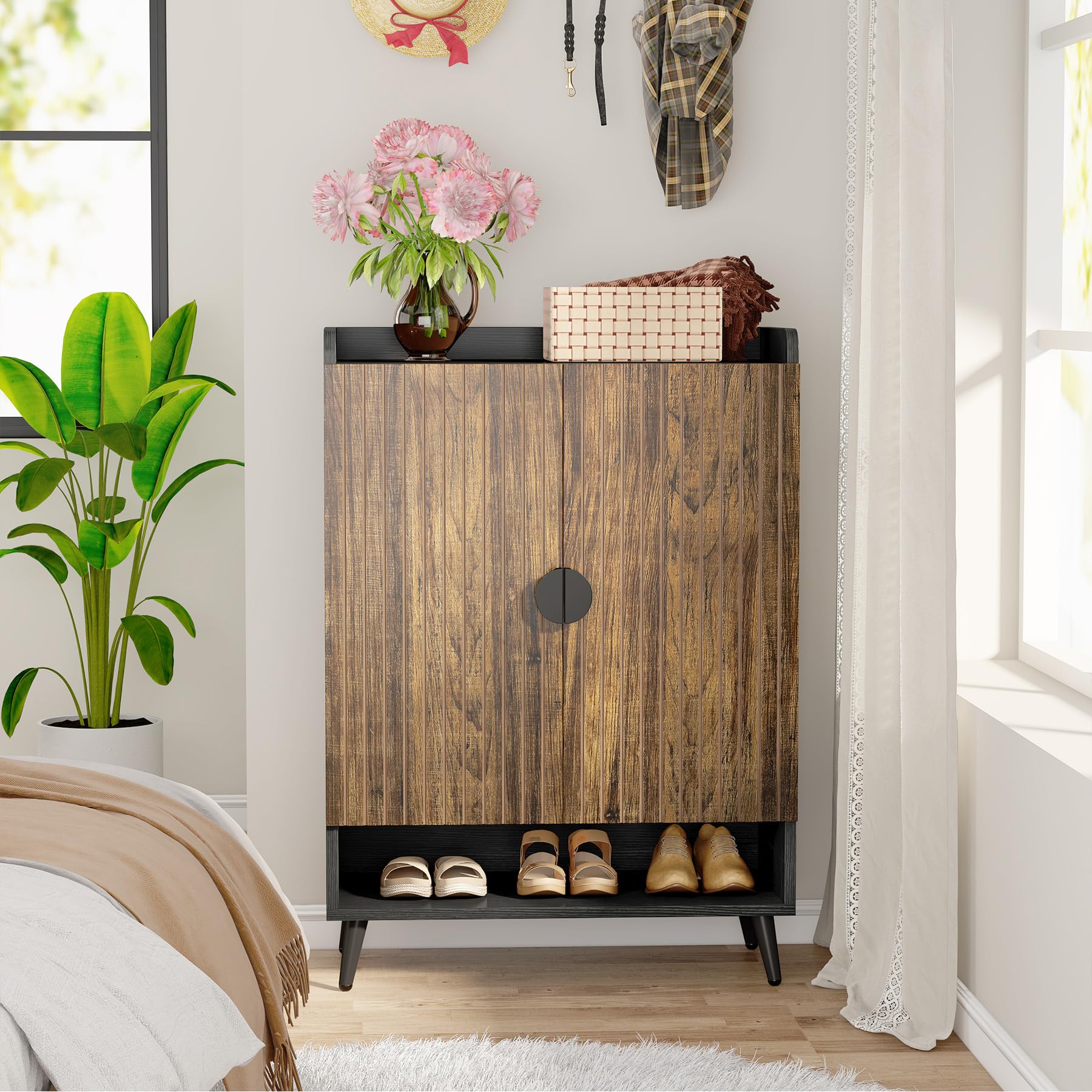 Tribesigns Shoe Cabinet with Doors, 7-Tier Shoe Storage Cabinet with Adjustable Shelves, Wooden Shoes Rack Shoe Storage Organizer for Entryway, Hallway, Closet, Living Room, Rustic Brown - WoodArtSupply