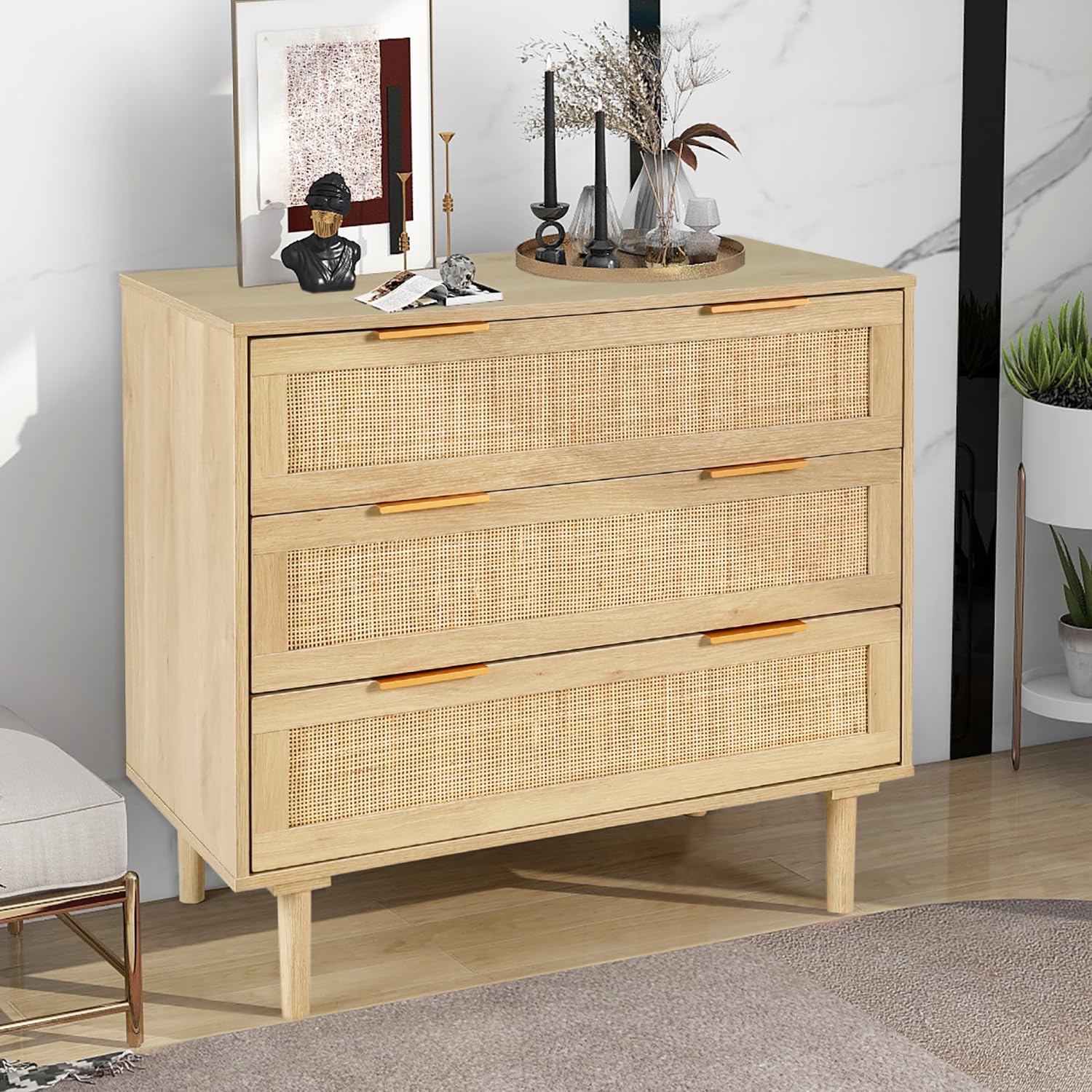 HOPUBUY 3 Drawer Dresser for Bedroom, Oak Rattan Dresser Closet Dressers Chest of Drawers, Light Wood Dresser 3 Drawer Storage Chest for Bedroom, Hallway, Living Room - WoodArtSupply