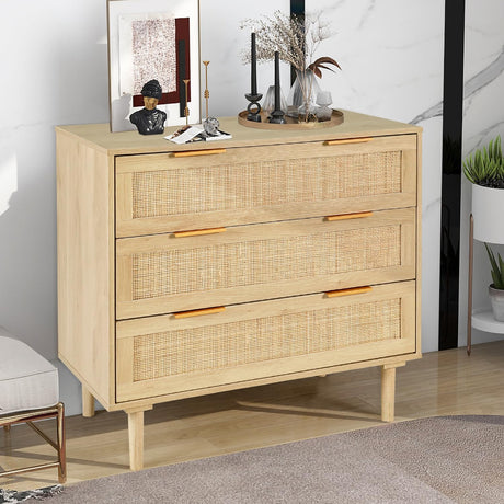 HOPUBUY 3 Drawer Dresser for Bedroom, Oak Rattan Dresser Closet Dressers Chest of Drawers, Light Wood Dresser 3 Drawer Storage Chest for Bedroom, Hallway, Living Room HOPUBUY
