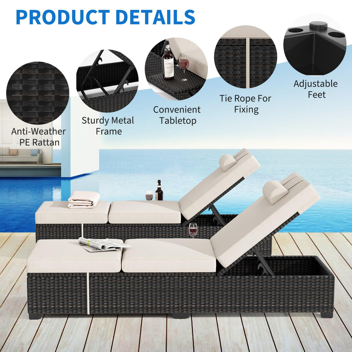 MilleLoom Outdoor Chaise Lounge Chairs for Outside Patio Furniture Set of 2 Wicker Recliner Gray Rattan Reclining Pool Sunbathing Chair Adjustable Backrest Lounger with Beige Cushion MilleLoom