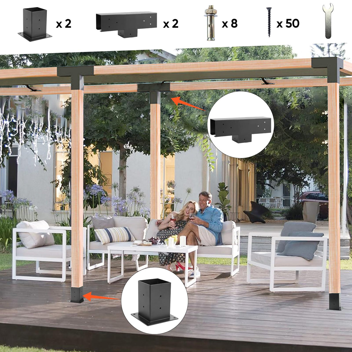 Pergola Brackets Kit 4x4 - BRRIY 3-Way Right Angle Corner Bracket, Pergola Brackets Base Kit with 2 T-Brackets and 2 Bases, Gazebo Hardware Kit for Extension Gazebo BRRIY