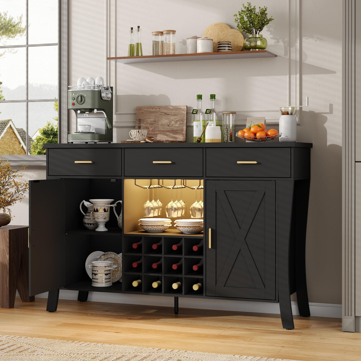 Wine Bar Cabinet with LED Light,Farmhous Liquor cabinet with Wine and Glass Rack,Coffee Station with Storage cabinet and 3 drawers,Buffet Sideboard with Arc Design for Kitchen,living room (Black) Gyfimoie
