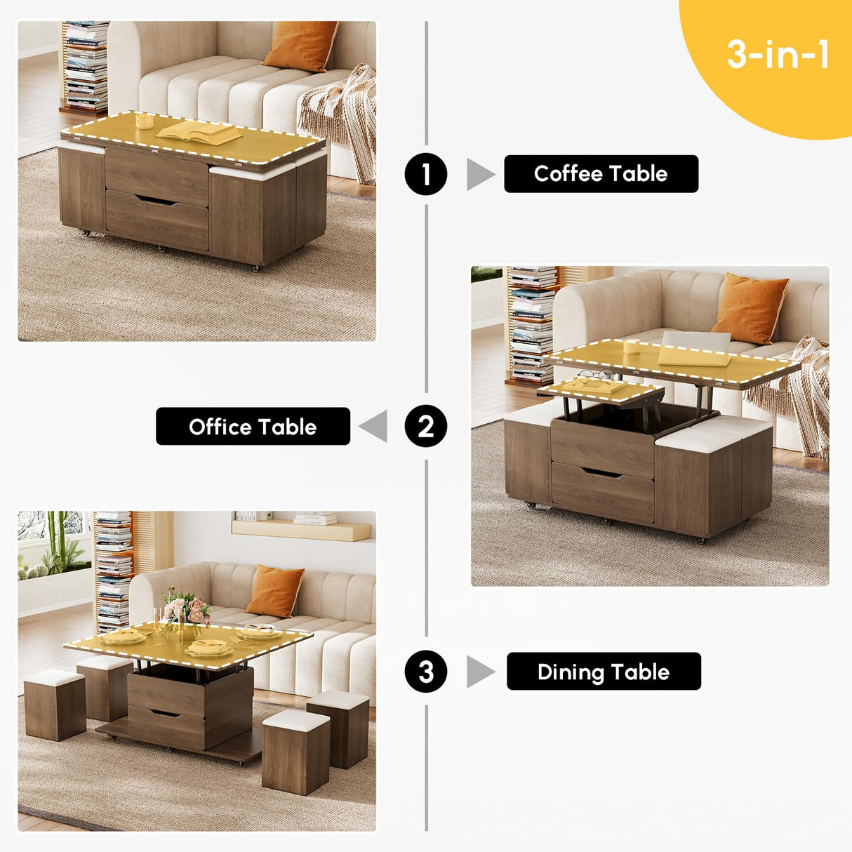 homary Lift-Top Coffee Table with Hidden Storage, 3-in-1 Modern Folding Center Table with 4 Stools, Casters, and Lockable Wheels – Convertible Dining & Office Table for Living Room (Walnut) homary