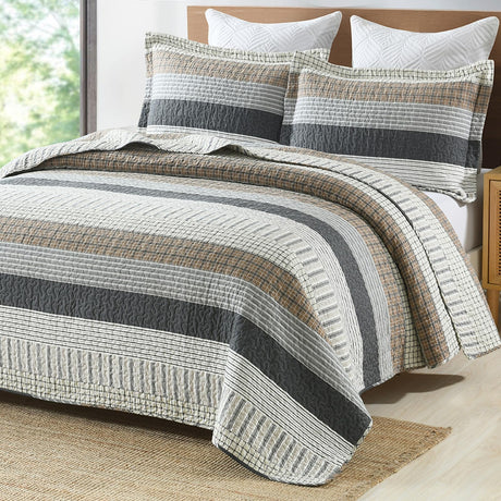 PANGUSHAN 100% Cotton Quilt Set King Size, Patchwork King Quilt Bedding Set Bedspreads, Farmhouse Lightweight Comforter Reversible Quilt, White/Brown/Grey Bed Spread for All Season, 3 Pieces PANGUSHAN