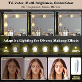 AMERLIFE 55.1" W Makeup Vanity with Hollywood Mirror, Glass Top Vanity with 5 Drawers & Adjustable Cabinet & Charging Station, 10 Detachable Light Bulbs, Bedroom/Salons, Light Oak AMERLIFE