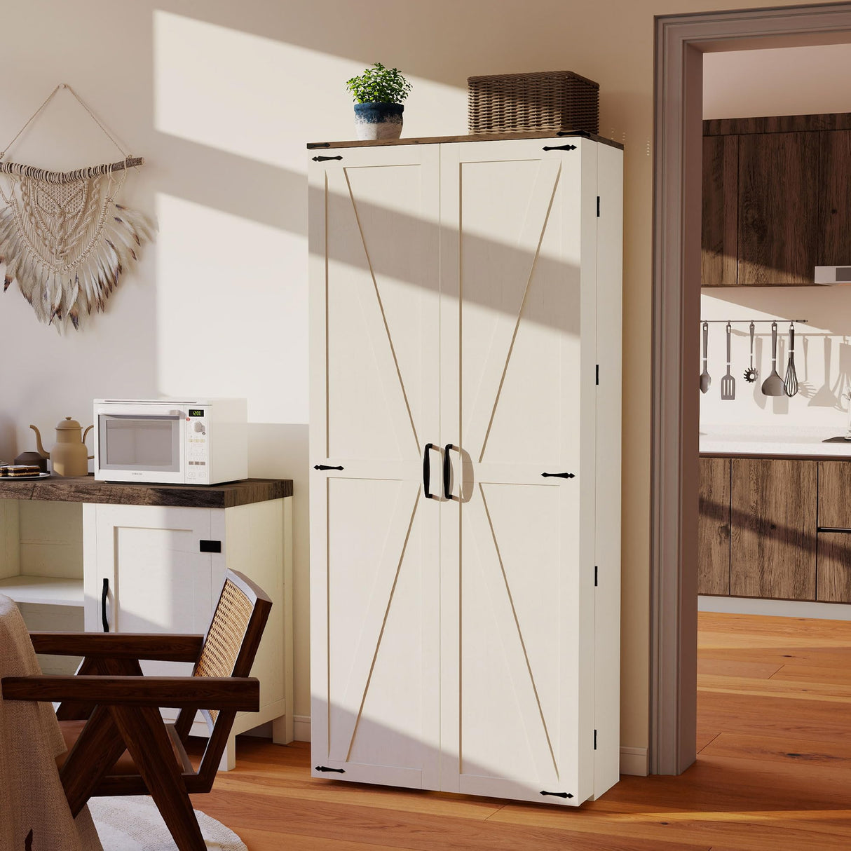 Vrmuxita Tall Kitchen Pantry Cabinet: Food Pantry Cabinets for Kitchen Storage, Off White Wood Storage Cabinet with 2 Doors, Farmhouse Cabinets with Freestanding Cupboard Vrmuxita