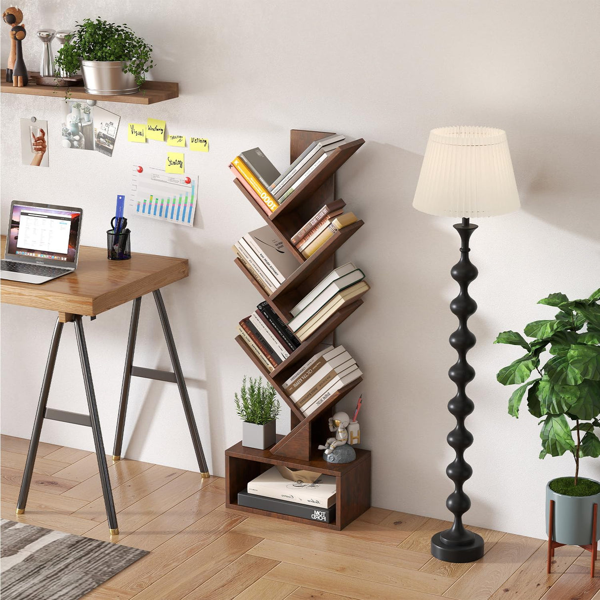 BLKMTY 7-Tier Tree Bookshelf, Floor Standing Wooden Bookcase, Storage Organizer Bookshelves for Living Room, Bedroom, Home Office Book Case, Brown BLKMTY