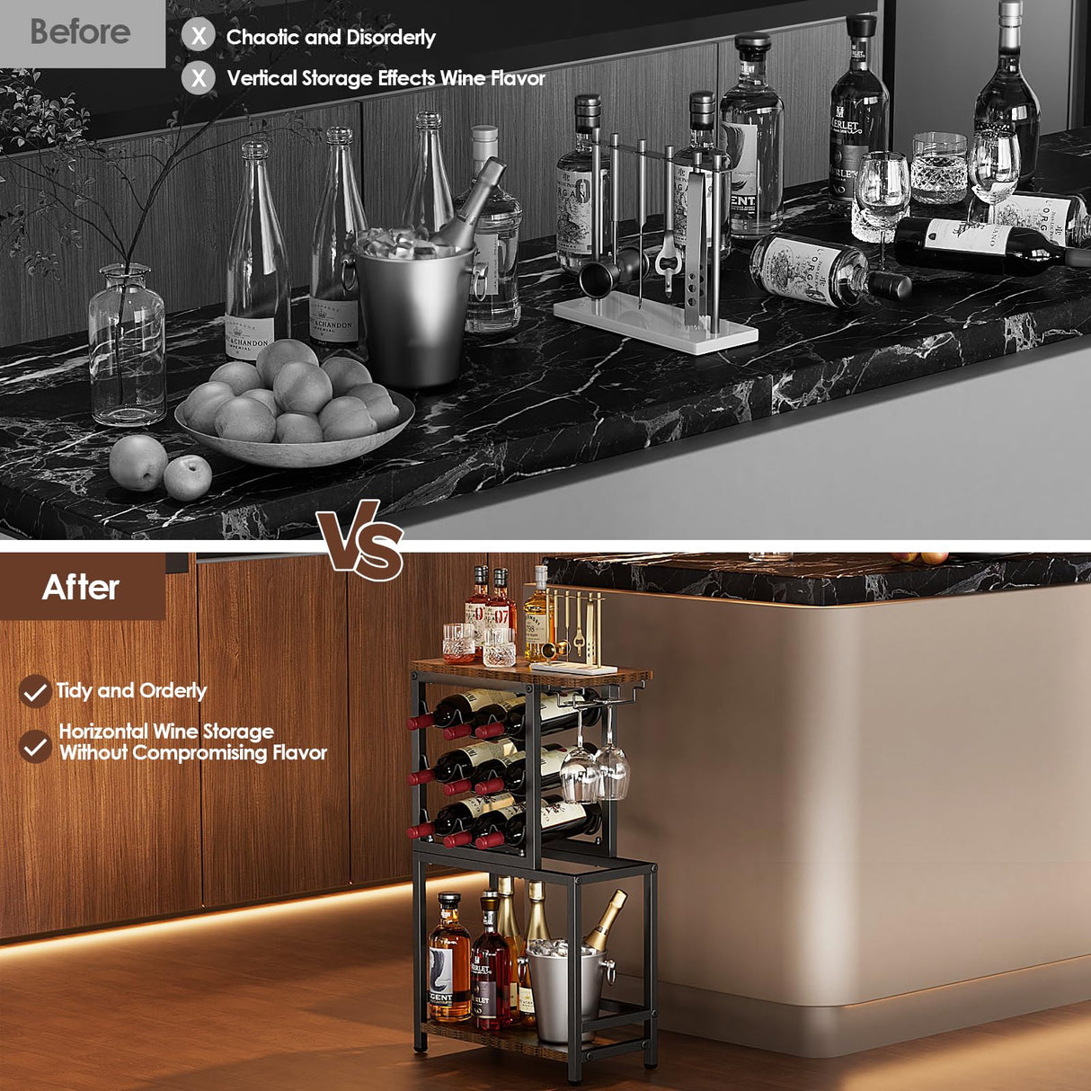 Nuovoware Wine Rack Freestanding Floor, 3 Tier Wine Rack Tabletop with Glasses Holder, Versatile Liquor Stand for Home Bar, Mini Bar Table Corner Liquor Whiskey Wine Display Stand, Black+Brown Nuovoware