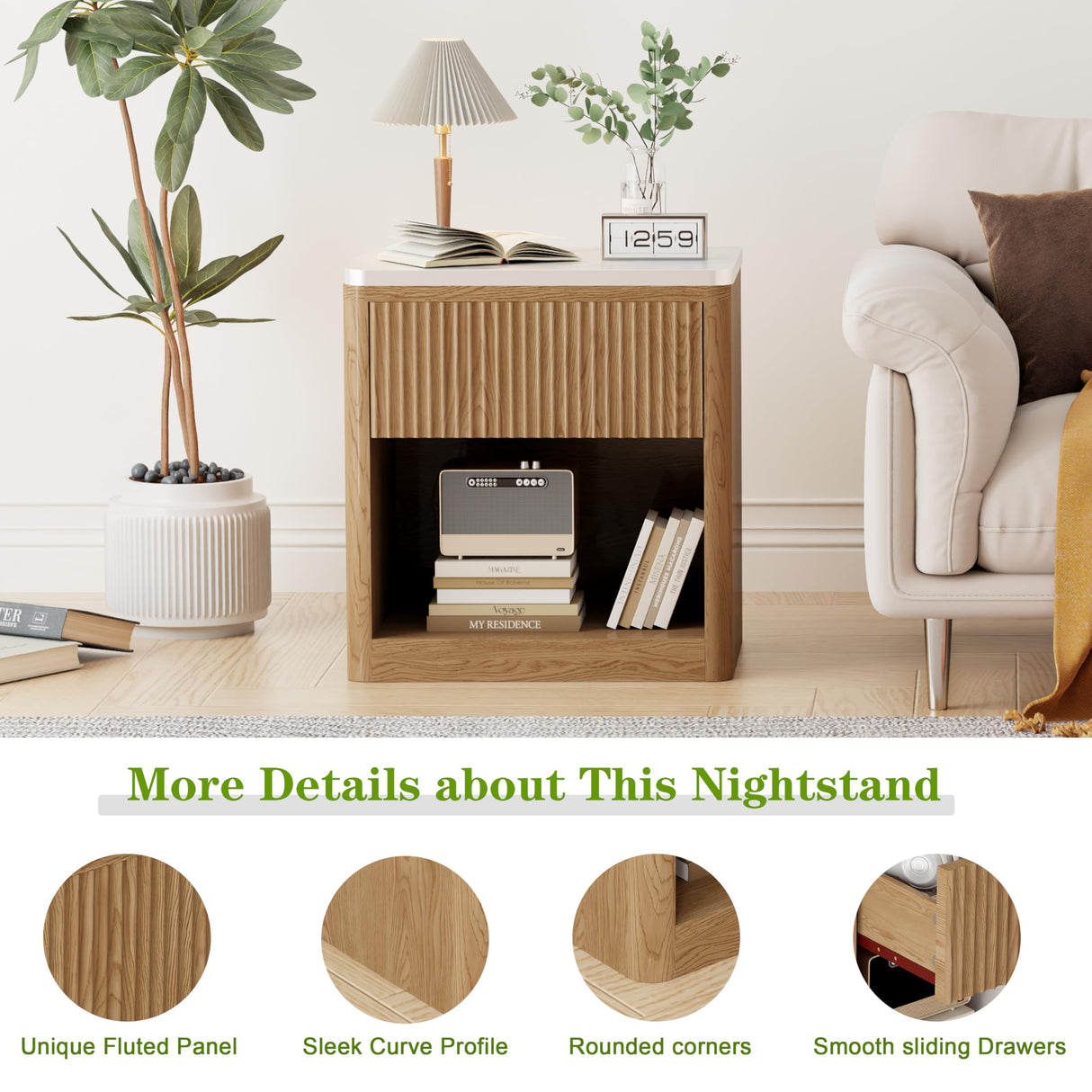 Yusong Night Stand, Wood Fluted Nightstand, 22" Large Bedside Table End Table with Faux Marble Top, Modern Night Stands with Drawer Storage for Bedroom Living Room, Natural Oak (1) Yusong