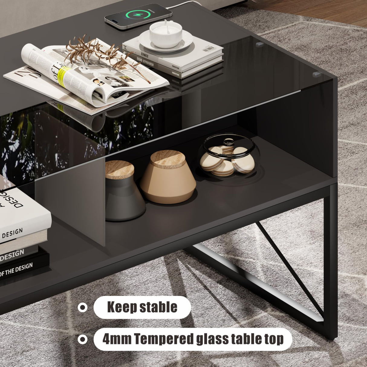 Glass Coffee Tables for Living Room, Grey Mid Century Modern Coffee Table with Storage, Smart Led Light Wood Coffee Table（Grey） HWB