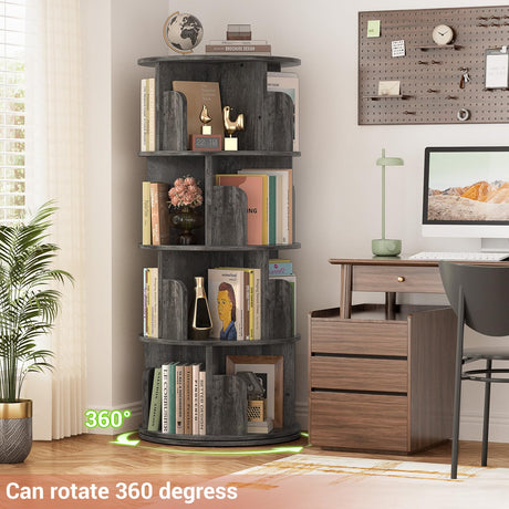 Besiost 360° Rotating 4-Tier Grey Oak Corner Bookshelf for Small Spaces Besiost