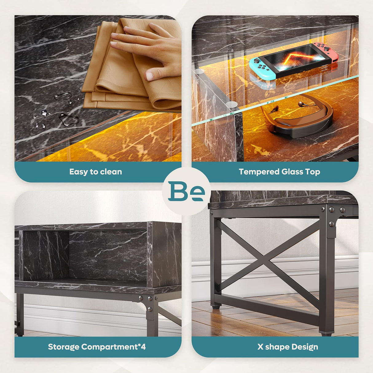 Bestier LED Coffee Tables for Living Room, 42 Inch Wood Center Table with Glass Top for Game Night. Rustic Brown Bestier