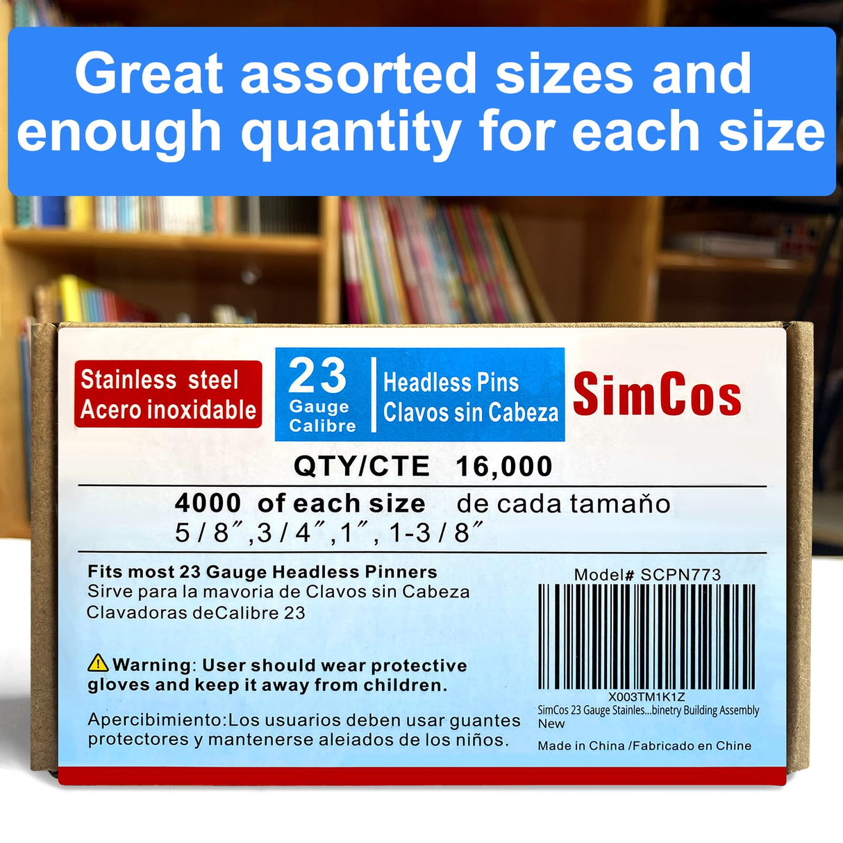 SimCos 23 Gauge Stainless Steel Pinner Nails (5/8",3/4",1",1-3/8") assorted 4 sizes' Headless Pin Nails for 23 GA Pneumatic or Electric Pin nailer or pin nail gun,Project Pack (4000) SimCos