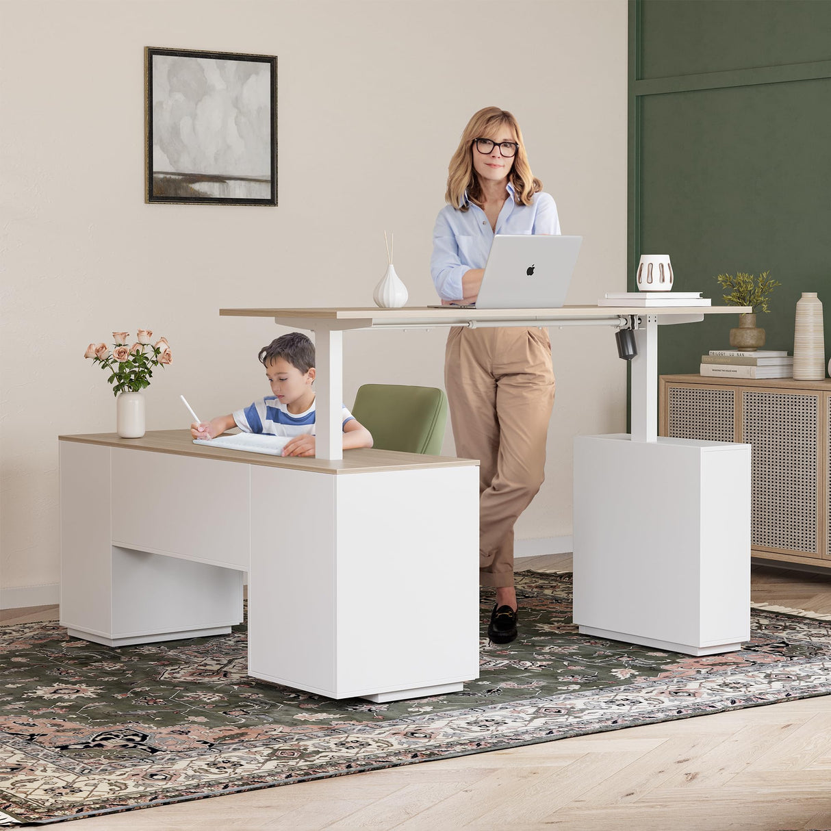 FEZIBO Electric Height Adjustable Stand up Desk for Home Office, 63" L Shaped Executive Standing Desk with 3-Drawer File Cabinet, Computer Desk with Storage Cabinets, White Frame/Light Walnut Top FEZIBO