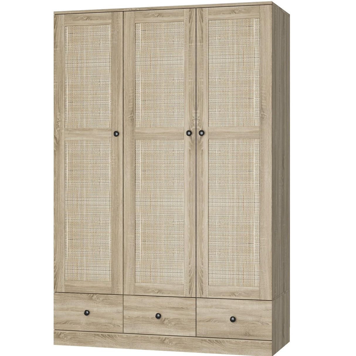 Hitow Ratten Wardrobe Armoire Closet, 3 Door Rattan Closet Wardrobe Cabinet with 3 Drawers & Hanging Rod, Storage Wardrobe Armoire Dresser for Bedroom Organizer (47.2" W x 18.9" D x 70.9" H) Hitow